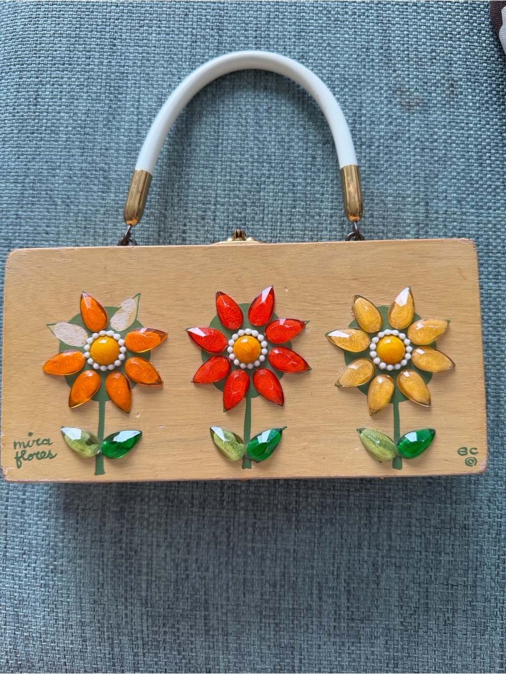 Vintage 1960s Enid Collins “Mira Flores” wooden box purse.